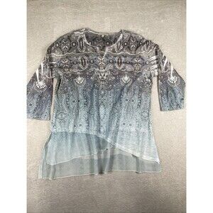 Jess & Jane Top Women's Large Rhinestone 3/4 Sleeve Artsy Wrap Hem Flowy